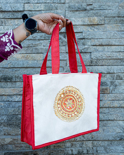 Handbag with Jute and Raw Silk Fabric - 12 x 9 inch - WBG1917