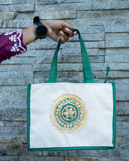 Handbag with Jute and Raw Silk Fabric - 12 x 9 inch - WBG1917