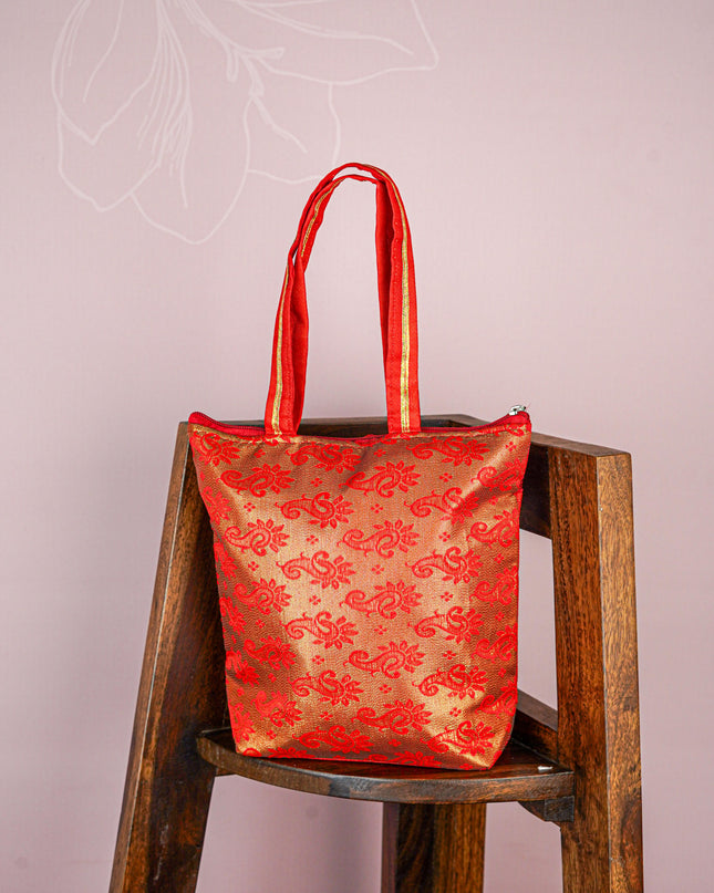 Raw Silk Hand Bag with Golden Design - 10x9 inch - WBG1934