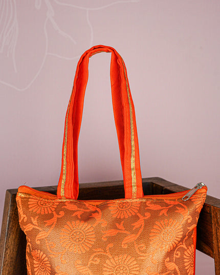 Raw Silk Hand Bag with Golden Design - 10x9 inch - WBG1934