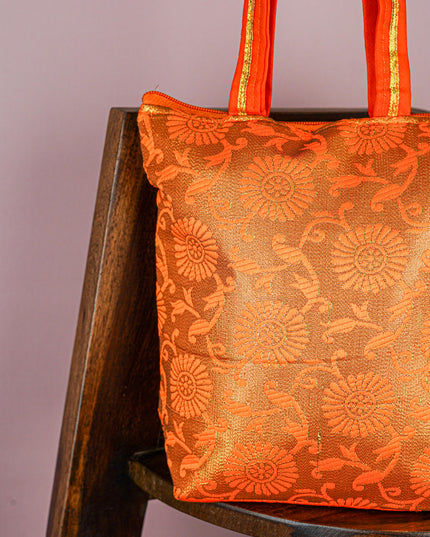 Raw Silk Hand Bag with Golden Design - 10x9 inch - WBG1934