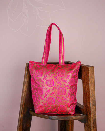 Raw Silk Hand Bag with Golden Design - 10x9 inch - WBG1934