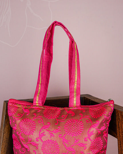Raw Silk Hand Bag with Golden Design - 10x9 inch - WBG1934