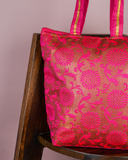 Raw Silk Hand Bag with Golden Design - 10x9 inch - WBG1934