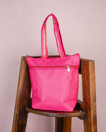 Raw Silk Hand Bag with Golden Design - 10x9 inch - WBG1934