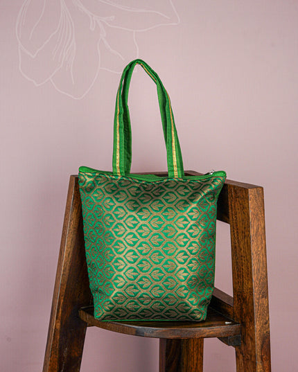 Raw Silk Hand Bag with Golden Design - 10x9 inch - WBG1934