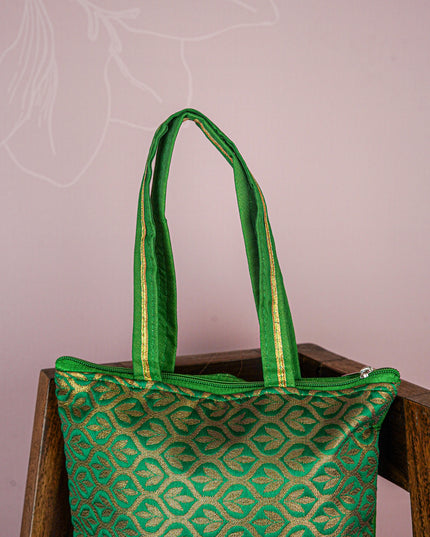 Raw Silk Hand Bag with Golden Design - 10x9 inch - WBG1934