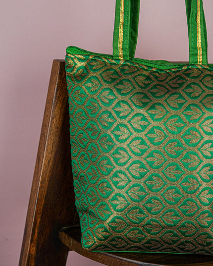 Raw Silk Hand Bag with Golden Design - 10x9 inch - WBG1934