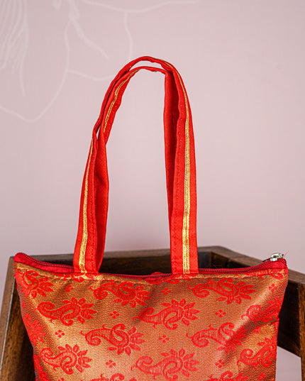 Raw Silk Hand Bag with Golden Design - 10x9 inch - WBG1934