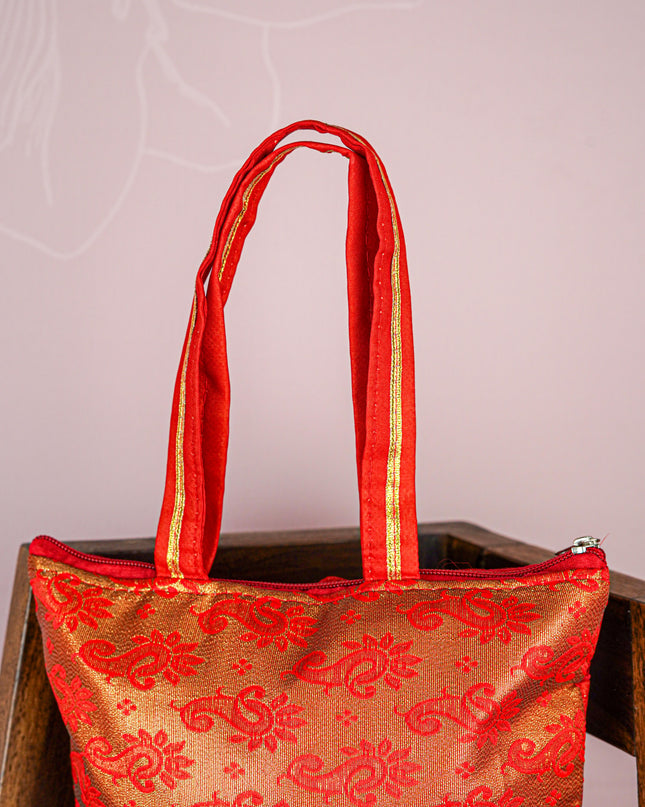 Raw Silk Hand Bag with Golden Design - 10x9 inch - WBG1934