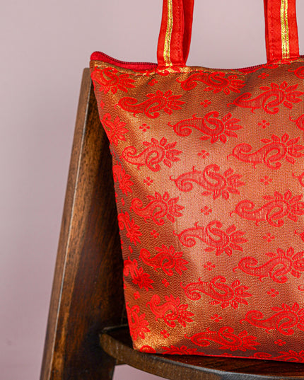 Raw Silk Hand Bag with Golden Design - 10x9 inch - WBG1934