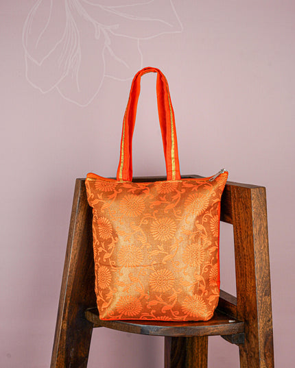 Raw Silk Hand Bag with Golden Design - 10x9 inch - WBG1934