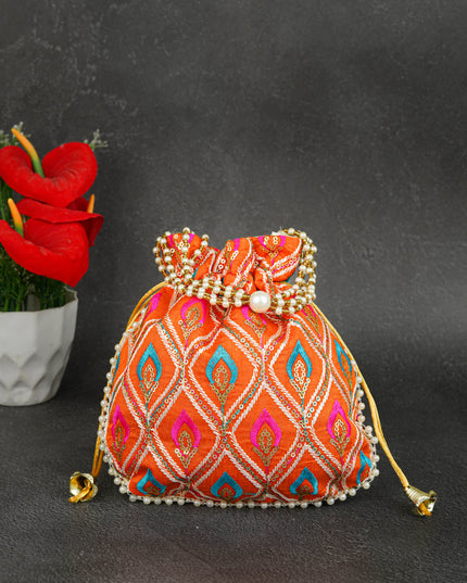 Potli Bag with Leaf Design Embroidery - 9 inch - WBG1949