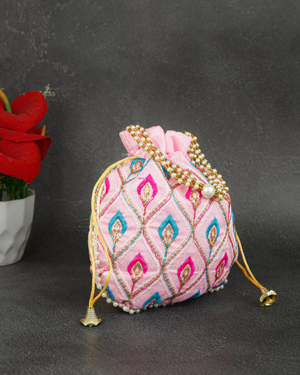 Potli Bag with Leaf Design Embroidery - 9 inch - WBG1949