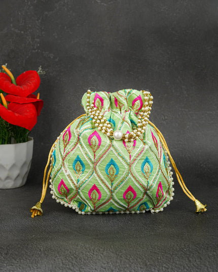 Potli Bag with Leaf Design Embroidery - 9 inch - WBG1949