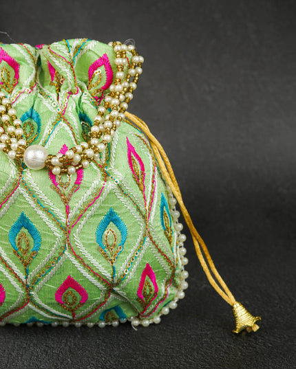 Potli Bag with Leaf Design Embroidery - 9 inch - WBG1949