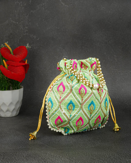 Potli Bag with Leaf Design Embroidery - 9 inch - WBG1949