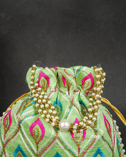 Potli Bag with Leaf Design Embroidery - 9 inch - WBG1949