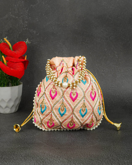 Potli Bag with Leaf Design Embroidery - 9 inch - WBG1949