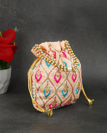 Potli Bag with Leaf Design Embroidery - 9 inch - WBG1949