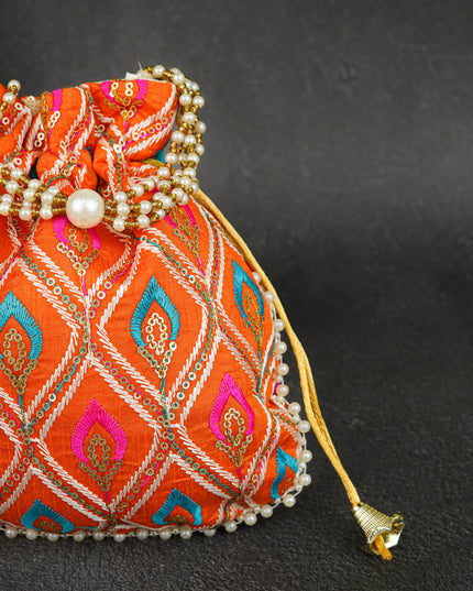 Potli Bag with Leaf Design Embroidery - 9 inch - WBG1949