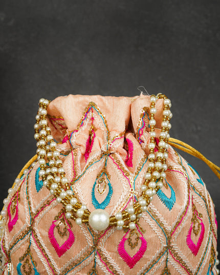 Potli Bag with Leaf Design Embroidery - 9 inch - WBG1949