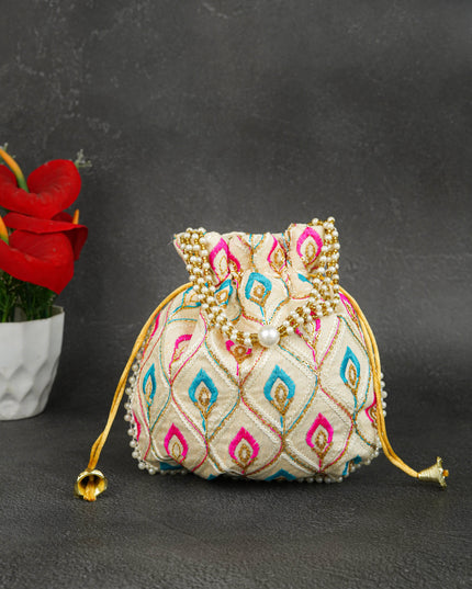 Potli Bag with Leaf Design Embroidery - 9 inch - WBG1949