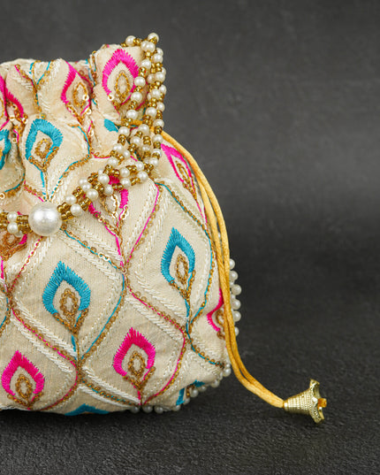 Potli Bag with Leaf Design Embroidery - 9 inch - WBG1949