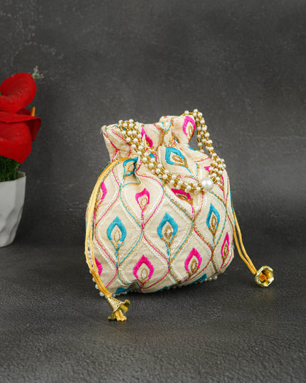 Potli Bag with Leaf Design Embroidery - 9 inch - WBG1949