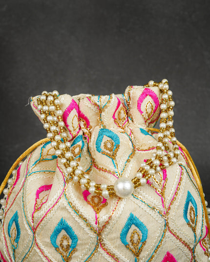 Potli Bag with Leaf Design Embroidery - 9 inch - WBG1949