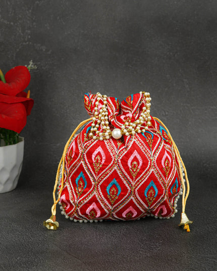 Potli Bag with Leaf Design Embroidery - 9 inch - WBG1949