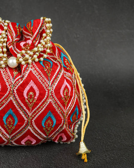Potli Bag with Leaf Design Embroidery - 9 inch - WBG1949