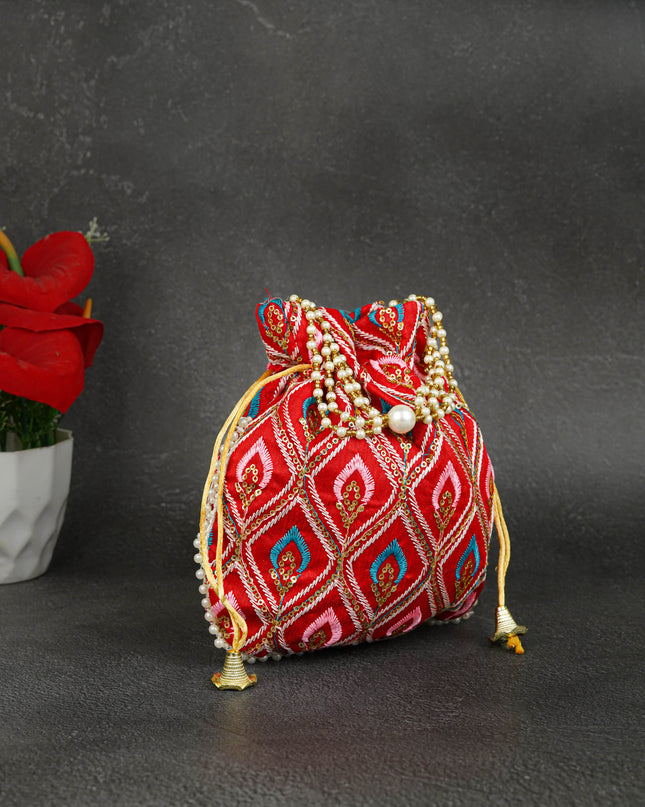 Potli Bag with Leaf Design Embroidery - 9 inch - WBG1949