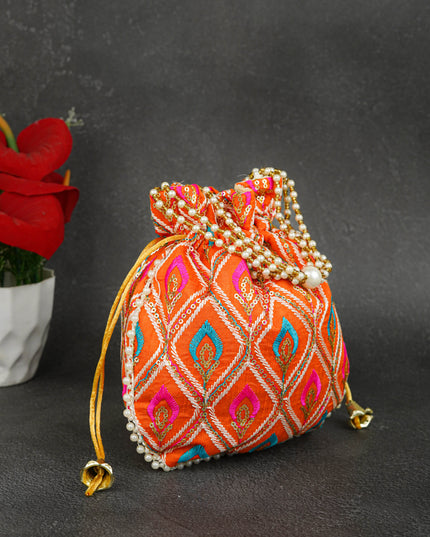 Potli Bag with Leaf Design Embroidery - 9 inch - WBG1949