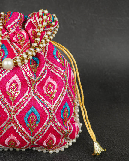 Potli Bag with Leaf Design Embroidery - 9 inch - WBG1949