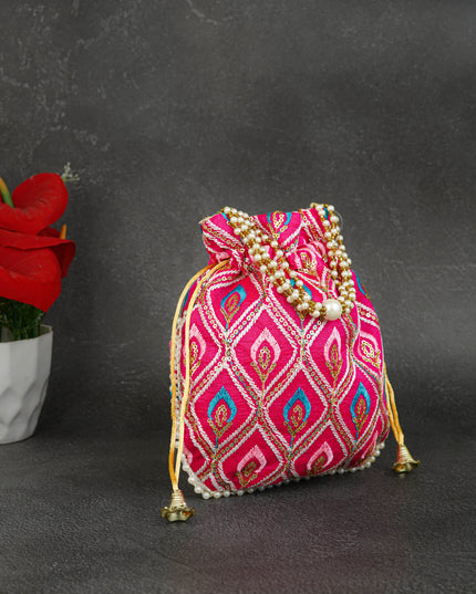 Potli Bag with Leaf Design Embroidery - 9 inch - WBG1949