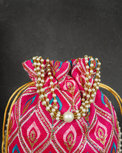 Potli Bag with Leaf Design Embroidery - 9 inch - WBG1949