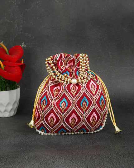 Potli Bag with Leaf Design Embroidery - 9 inch - WBG1949