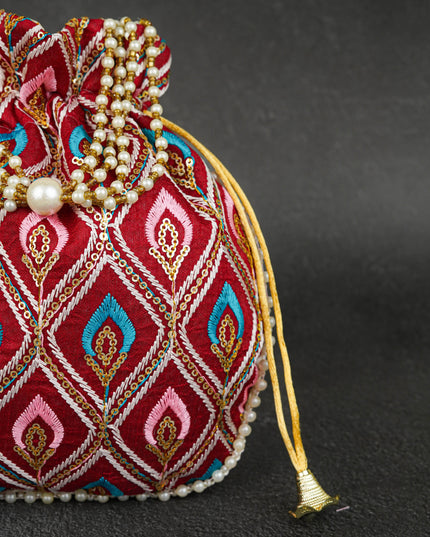 Potli Bag with Leaf Design Embroidery - 9 inch - WBG1949