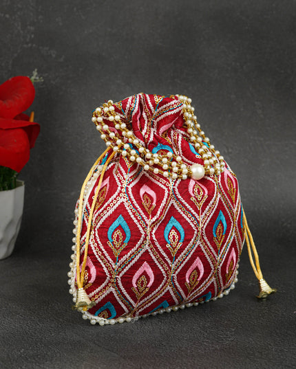 Potli Bag with Leaf Design Embroidery - 9 inch - WBG1949