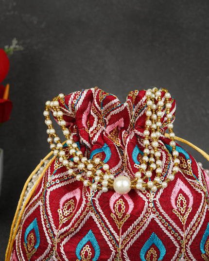 Potli Bag with Leaf Design Embroidery - 9 inch - WBG1949