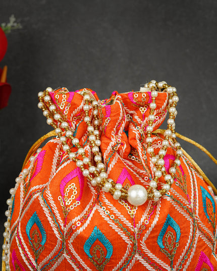 Potli Bag with Leaf Design Embroidery - 9 inch - WBG1949