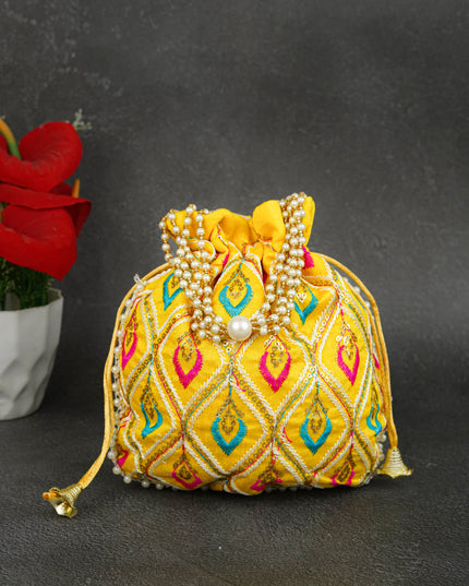 Potli Bag with Leaf Design Embroidery - 9 inch - WBG1949