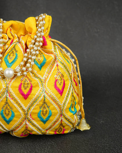Potli Bag with Leaf Design Embroidery - 9 inch - WBG1949