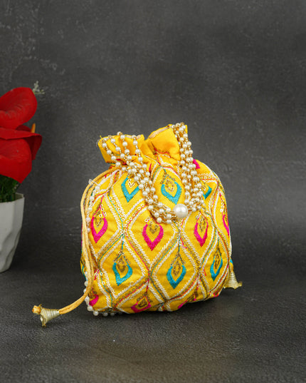 Potli Bag with Leaf Design Embroidery - 9 inch - WBG1949