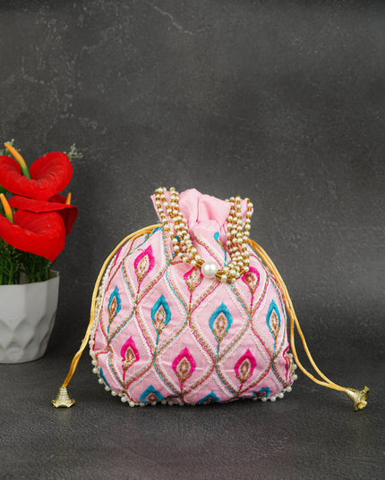 Potli Bag with Leaf Design Embroidery - 9 inch - WBG1949