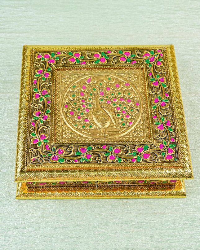 Oxidized Dry Fruit Box Embossed with Peacock - Gold - 8x8 inch - WBG1980