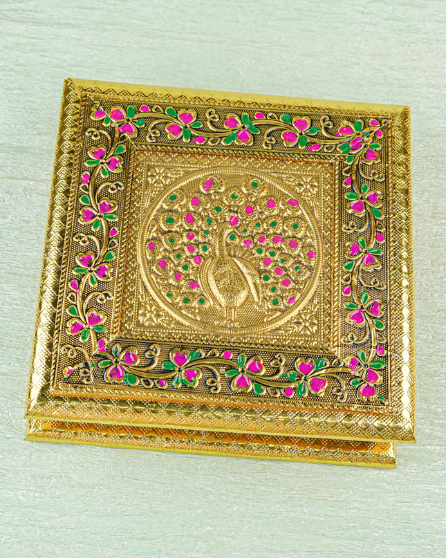 Oxidized Dry Fruit Box Embossed with Peacock - Gold - 8x8 inch - WBG1980
