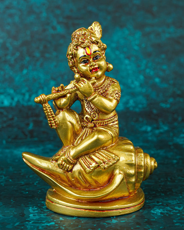 Polyresin Krishna with Shell Idol - 5 inch - WBG1997