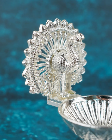 Zinc Alloy Peacock Diya- 3 inch - Silver - WBG2098-1